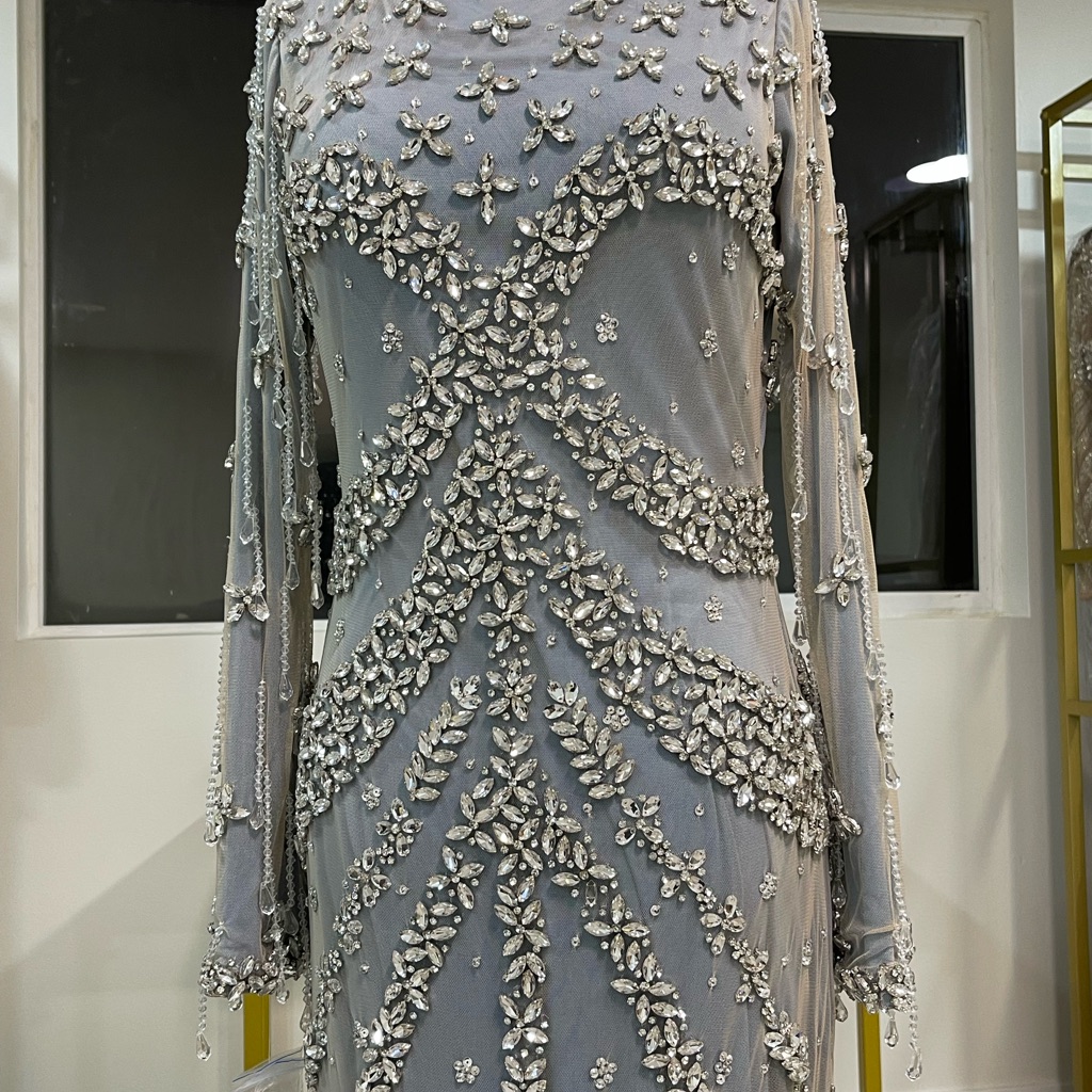 Blue And Silver Sequin Glass Crystal Embellished Gown With Bishop Sleeves
